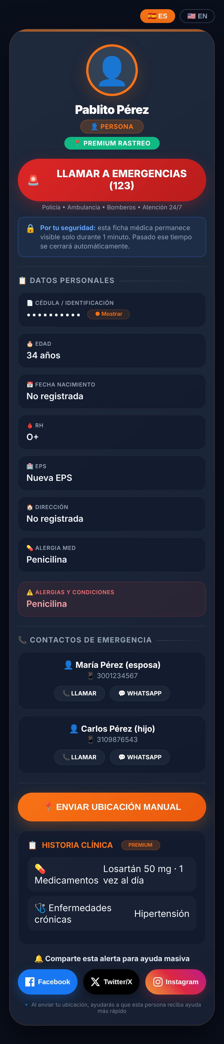 Ficha real del rescatista de Famtector con datos de ejemplo