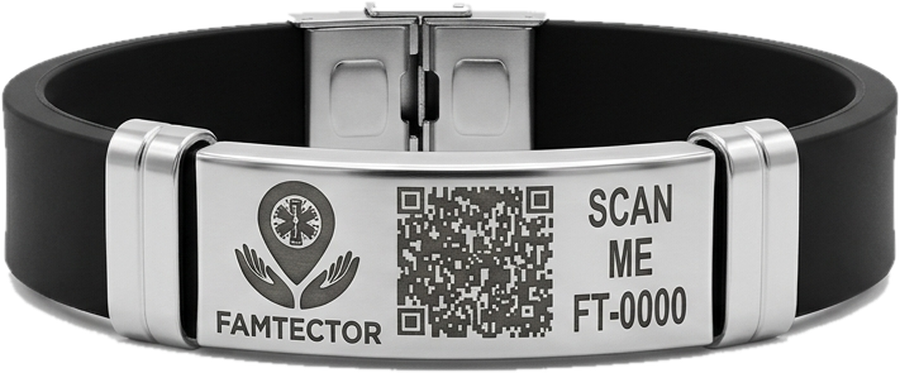 Manilla Famtector ID, cara frontal con código QR de emergencia