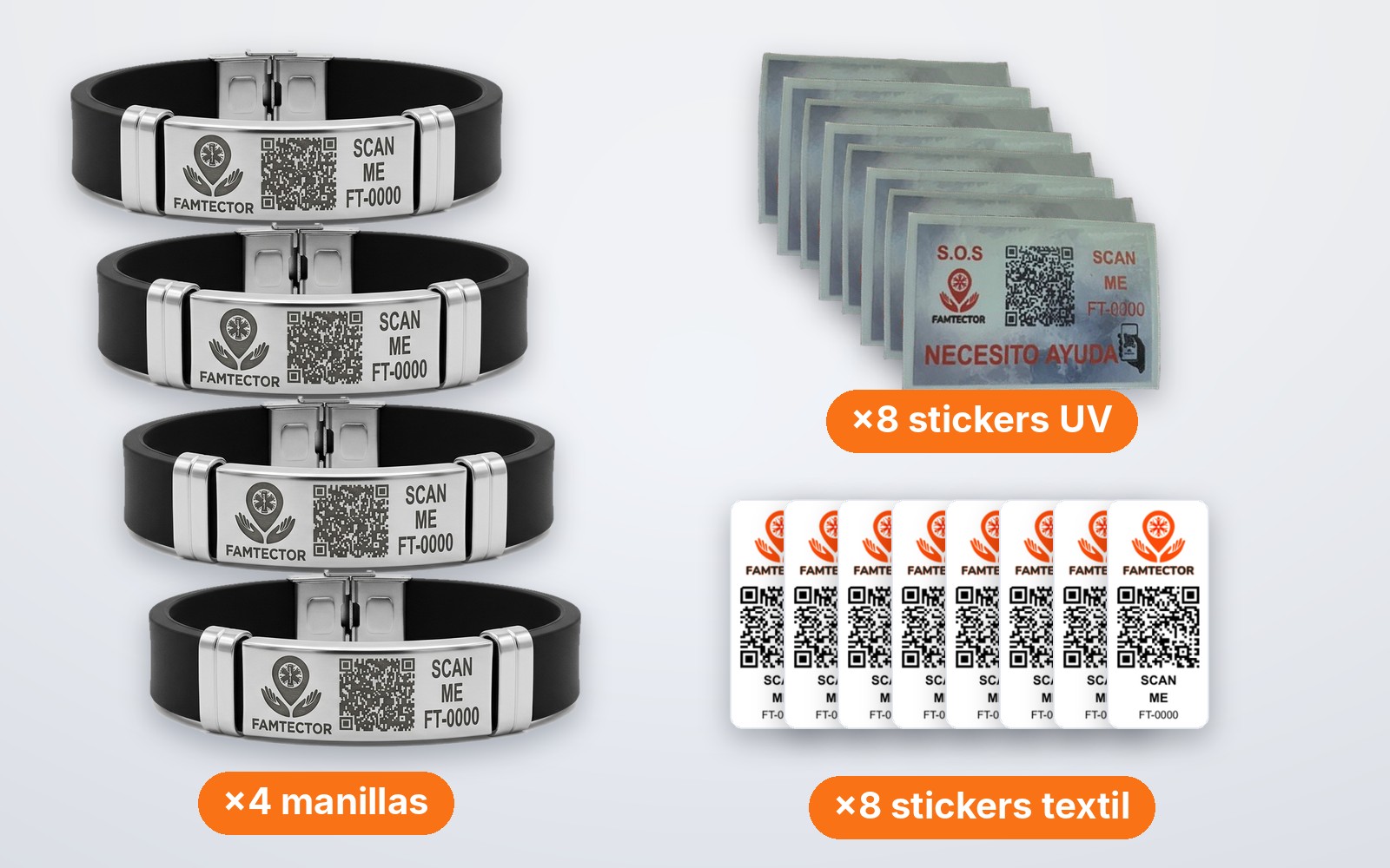 Combo Familiar Famtector: 4 manillas médicas QR, 8 stickers UV y 8 stickers textil