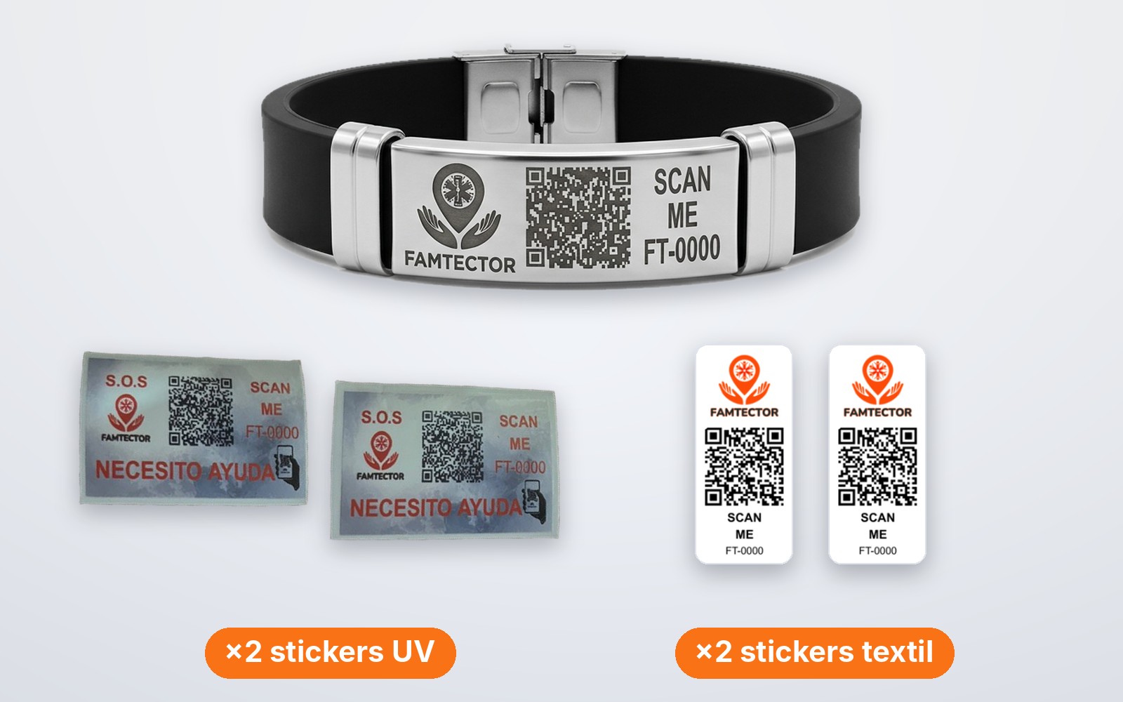 Combo Personal Famtector: manilla médica QR, 2 stickers UV y 2 stickers textil