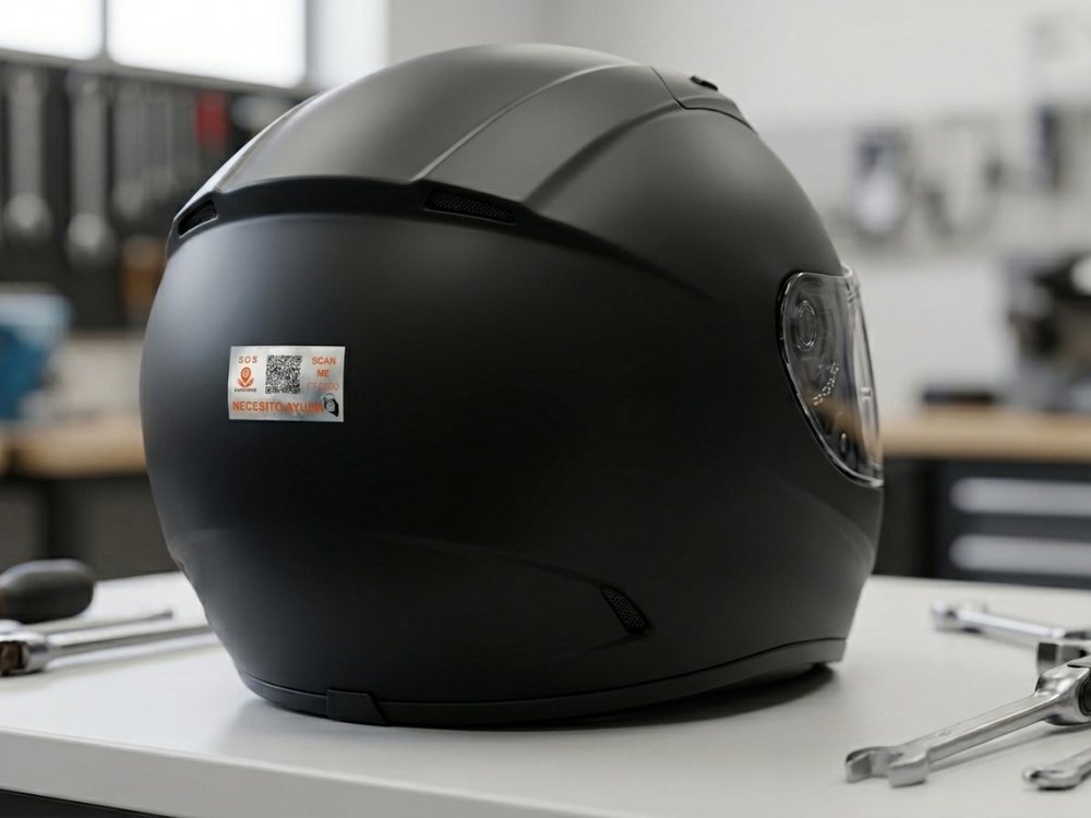 Casco de moto negro con un sticker Famtector con código QR