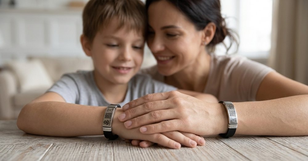 Madre e hijo con manillas Famtector en las muñecas