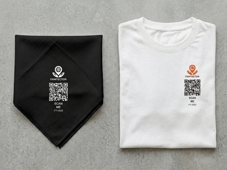 Bandana y camiseta con código QR Famtector estampado